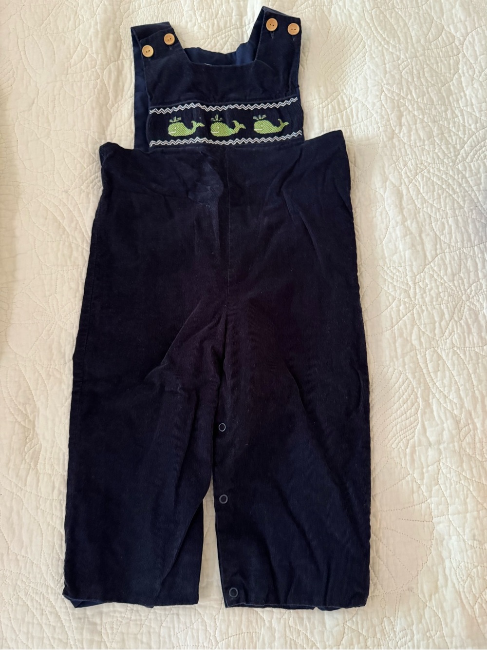Little English Navy Corduroy Overalls with Green Whale Smocking
